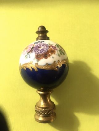 Antique Victorian Hand Painted Porcelain Gilded Floral Ball Lamp Finial 2.  5high