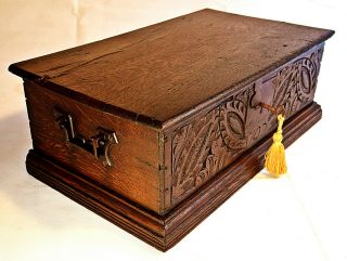 Early 18th Oak Century Bible Box With Iron Work & Functioning Key