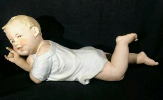 Antique Gebruder Heubach Victorian Bisque Piano Baby Boy On Stomach Signed 12 "