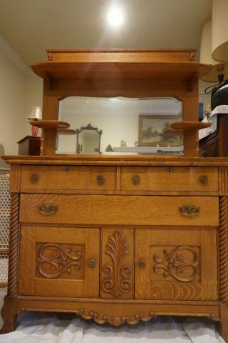Antique Oak Sideboard With Beveled Glass