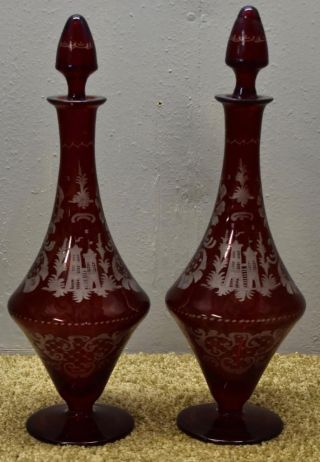 Two Ruby Red Cut To Clear Bohemian Crystal Glass Decanter Bottles