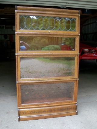 Antique Oak Barrister Bookcase Quarter Sawn Leaded Glass