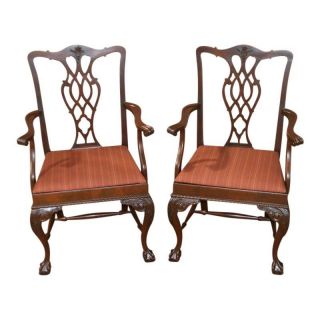 Vintage Carved Mahogany Chippendale Style Arm Chairs