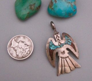Vintage Navajo Old Pawn Sterling Turquoise Peyote Bird Pendant - Signed Jd 70’s