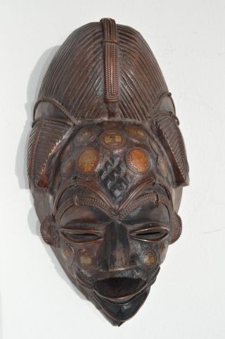 Fantastic Antique Hand Crafted Multi - Coins Inlay Carved Wood/copper African Mask