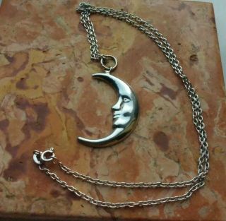 Charming Vintage 925 Sterling Silver Cresent Moon Man In Pendant Necklace