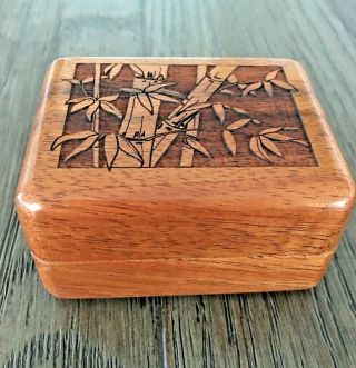 3 " Solid Hawaiian Koa Wood Jewelry Box Hawaii Bamboo Leaves Engraved Pattern