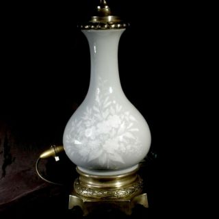 Antique French Celadon Pate Sur Pate Porcelain Oil Lamp Electric Table Light