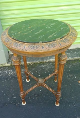 Antique Walnut Highly Carved Marble Top Lamp Table.