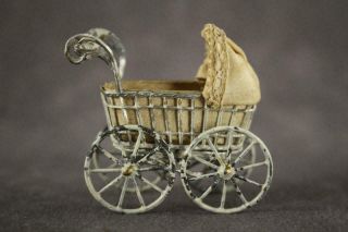 Antique Dollhouse Nursery Toy Metal Frame Victorian Baby Pram Stroller 2.  25 "