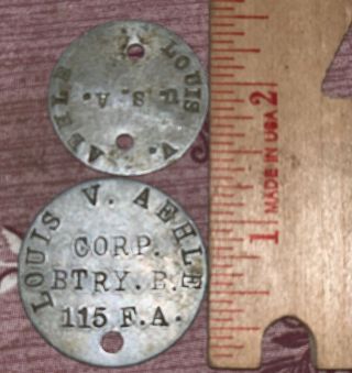 Us World War I Dog Tags Stamped Corp.  Btry.  B.  115 F.  A.