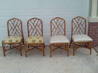 Vintage Set Of 4 Chinese Chippendale Bamboo Leather Wrapped Chairs