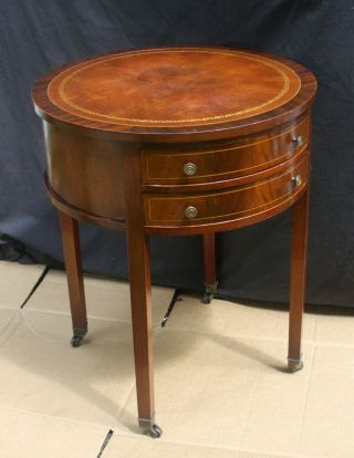 Antique Vintage " Columbia " Mahogany Wood Wooden Side End Table Round Leather Top