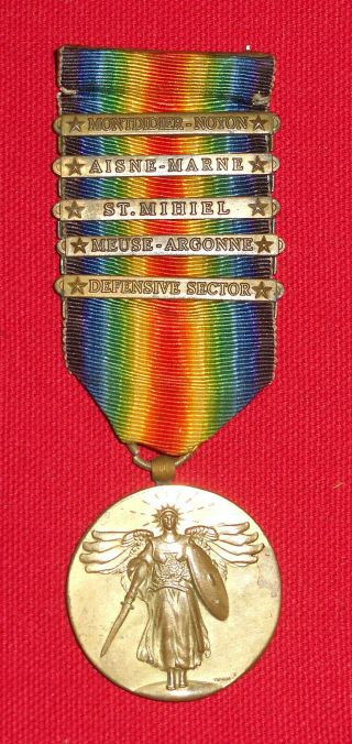 U.  S.  Ww1 Victory Medal With 5 Bars (ff)