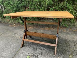 Vintage Hamilton Industrial Drafting Table - oak,  maple,  cast iron 1940s 3