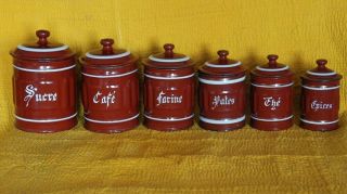 A,  French Antique Metal Enamel Ware 6 Pce Canister Set Vintage Graniteware