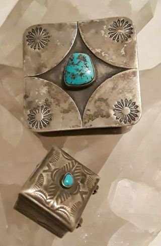 2 Vintage Navajo Sterling Silver Turquoise Jewelry Pill Trinket Box