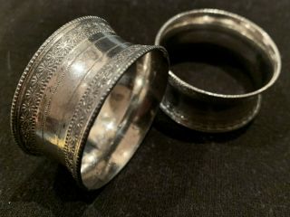 Two Antique Vintage Old Solid Silver Napkin Rings Numbered " 1 " And " 2 "