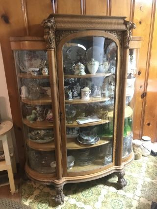 Quality China Cabinet - Victorian - Lion Feet - Lion Head - Beveled Glass - Bow Front - Wood