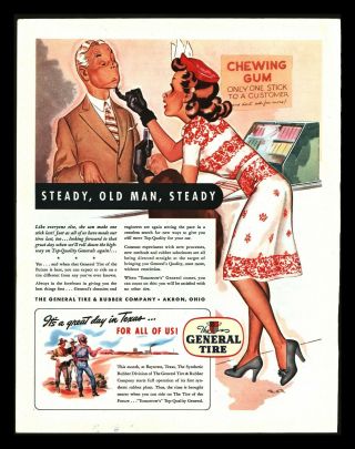 1943 " General Tire " Humorous Pretty Gal Giving A Close Shave Print Ad