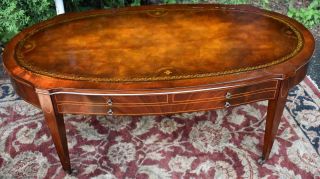 1920s English Regency Mahogany Leather Top Inlaid Coffee Table / Brass Casters