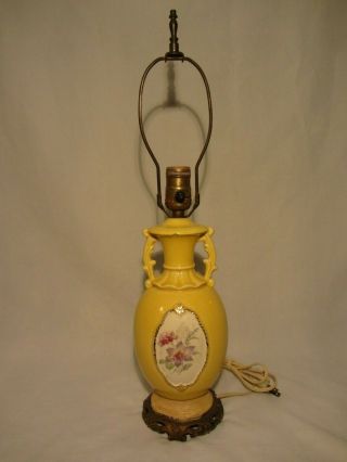 Antique Hand Painted Floral Yellow Porcelain Table Lamp W/ Handles & Metal Base