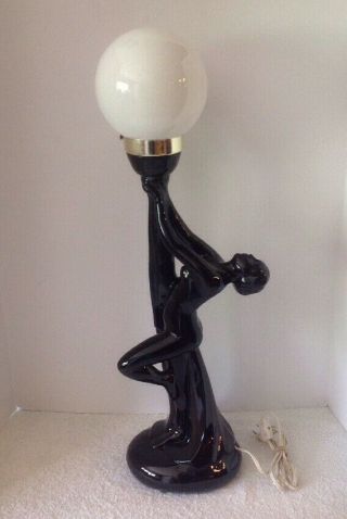 Vintage Art Deco Nouveau 27 " Nude Lady Ceramic Black Holding Globe Table Lamp