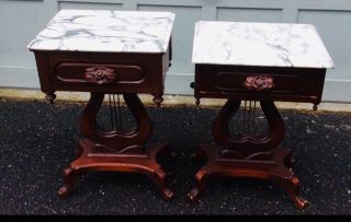 Pair Antique Victorian Mahogany Marble Top Nightstands End Tables Drawers