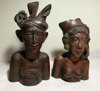 Vintage Bali Hand Carved Hard Wood Man & Women 3 Busts Sculptures Heavy Signed