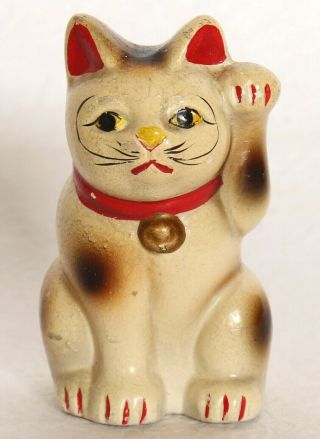 Japanese Maneki Neko Beckoning Cat Ceramic Lucky Charm H6.  8cm 2.  67 " Vintage