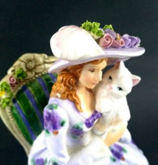 Vintage Yamada Music Box Victorian Seated Lady Holding White Cat Statue
