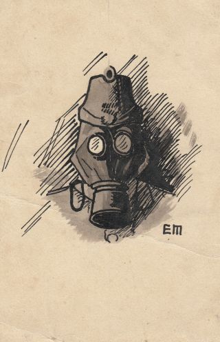 Wwi German Trench Art Drawing Creepy Jager Soldier Wearing Gas Mask 1916 Signed
