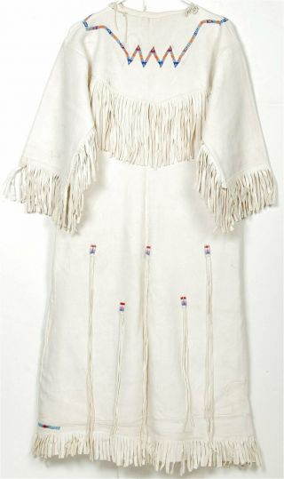 1950s Native American Northern Plains Indian Bead Decorated Fringed Hide Dress