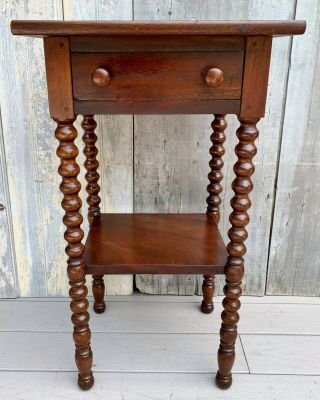 Antique American Cherry Wood One - Drawer Stand Side Table W/ Bobbin Legs C.  1840