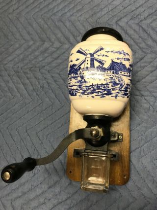 Vintage Delft Porcelain Wall Mount Coffee Mill Grinder Germany Windmill Scenes