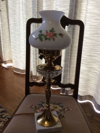 Vintage Milk Glass Lamp With Hand Painted Pink Roses/marble Base Crystal & Brass