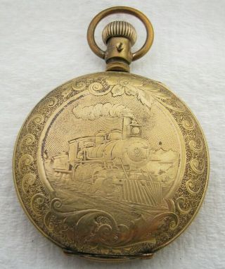 Antique 18s Swiss Engraved Train Brass Hunter Pocket Watch