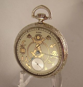 Antique Elgin 17j 14k White Gold Filled Open Face Masonic Dial Pocket Watch