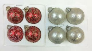Christmas By Krebs Vintage Red White Glitter Stencil Glass 8 Ornaments W/ Boxes