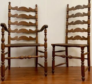 2 Amish Ladder Back Antique Arm Chairs Wood Stickily Rush Seat Country Folk