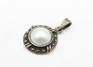 925 Sterling Silver - Vintage Freshwater Pearl & Marcasite Drop Pendant - P8907 2