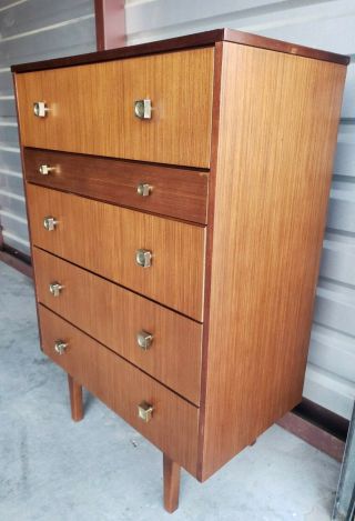 1950s Mid - Century Modern Retro Teak Chest Of 5 Drawers Dresser Vintage