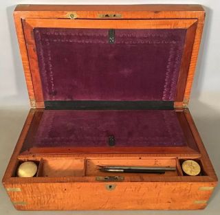 19thc Antique Victorian Tiger Maple Old Lap Desk Lock Box Traveling Secretary
