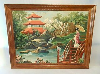 Mid Century Vintage Asian Pagoda Geisha Paint By Number Framed Art 27x21