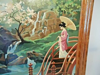 Mid Century Vintage Asian Pagoda Geisha Paint By Number Framed Art 27x21 2