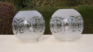 2 Antique Etched Glass Oil Lamp Shades/globes,  Fleur - De - Lis / Fleur - De - Lys 4 "