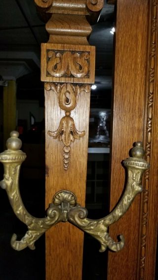 Antique solid Oak Entryway Hall Tree with table mirror drawer coat rack 2