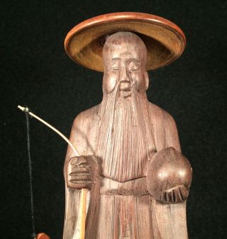 Confucius Chinese Hand Carved Wooden Fisherman Old Man Figure Statue 2