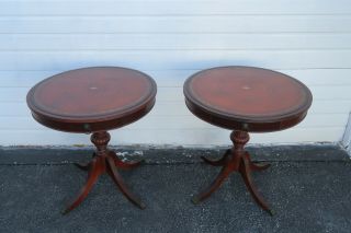 Mahogany Leather Top Round Side End Tables 9894