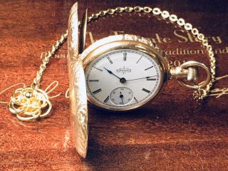 Antique 14k Gold Fill Elgin Hunter Case Pocket Watch Chain Fob Keeps Time C.  1896